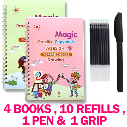 Magic Practice Books for Kids 4 Books Set + 1 Magic Pen + 10 Ink Refills - Reusable Books